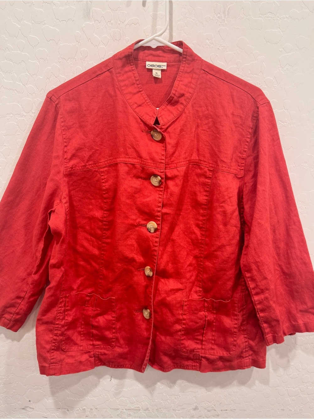 Cherokee Linen Button-Front Jacket Womens XL Coral Cropped Sleeves Summer